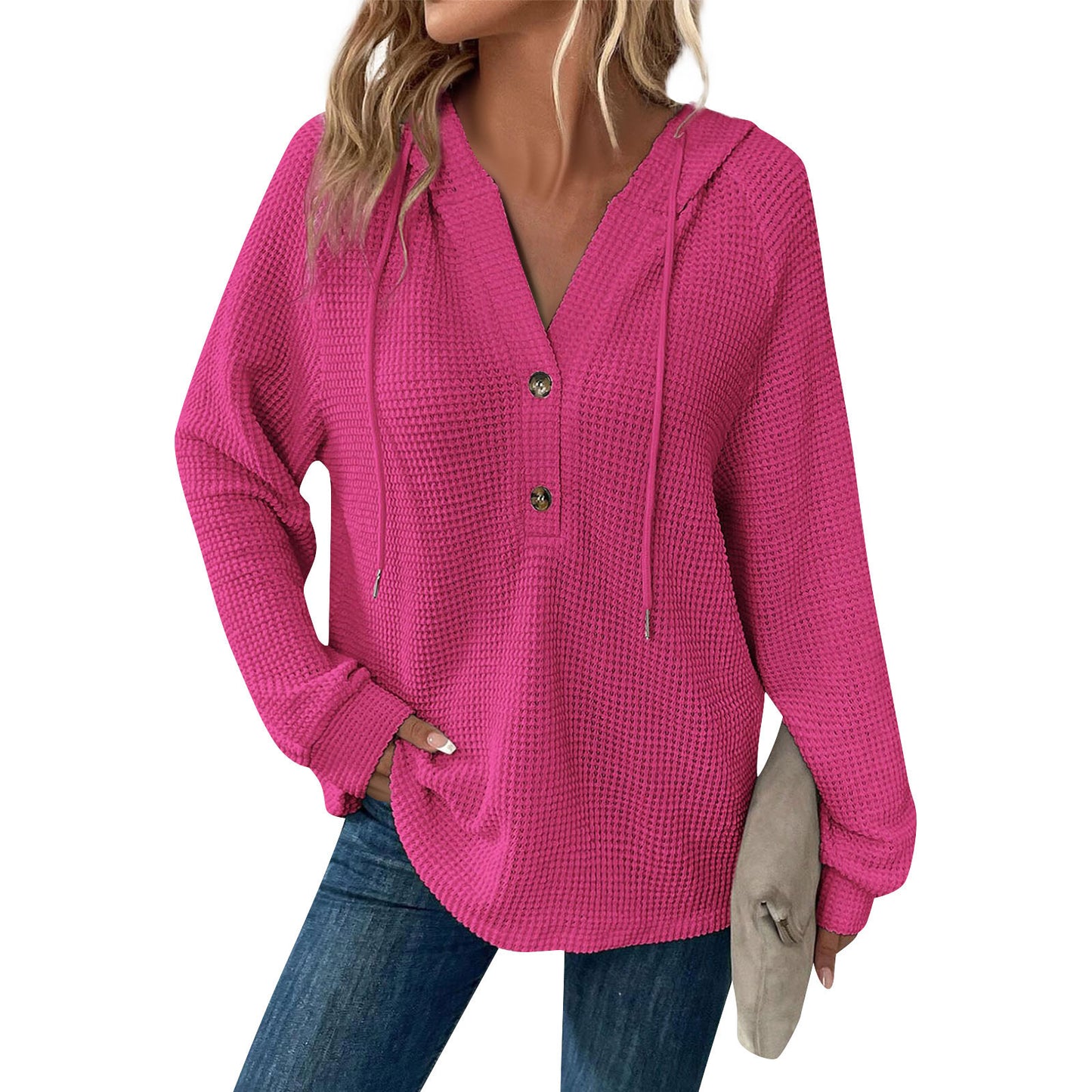Women's Color Waffle Hooded Button Loose Long Women's Sweater, Sweater