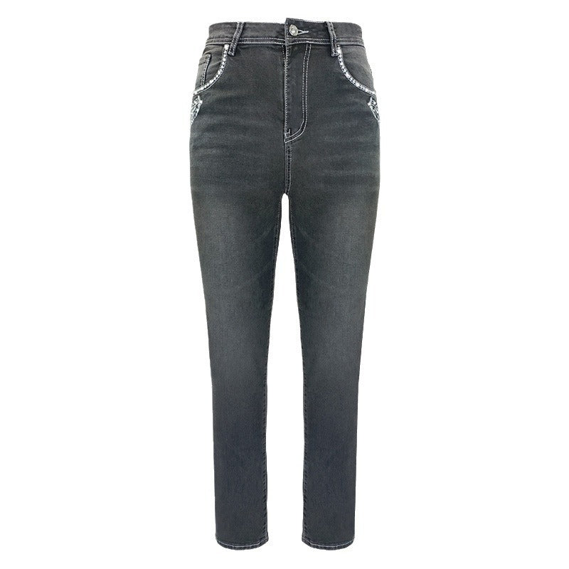Women's Trend Rhinestone Stretch Slim Embroidered Skull Jeans