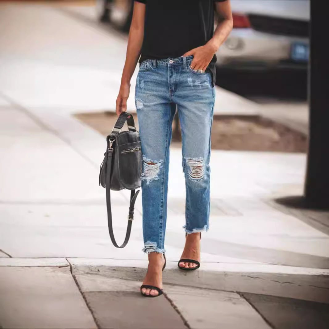 Women's Ripped Retro Fashionable Denim Trousers Women's Jeans