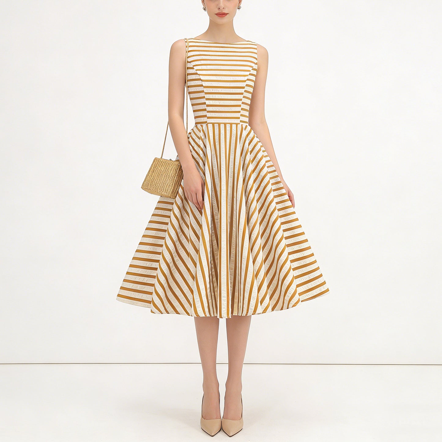 Sleeve Tropical Style Holiday Cute Irregular Stripes Stitching Dynamic Hepburn Dress