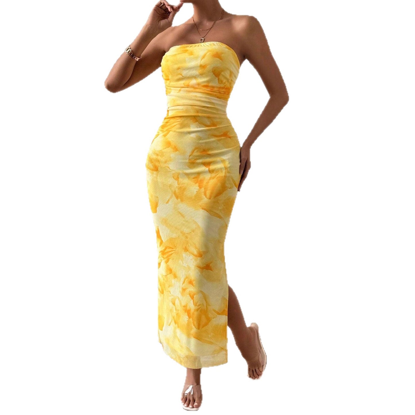 Women's Mesh Floral Print High Waist Slit Dress