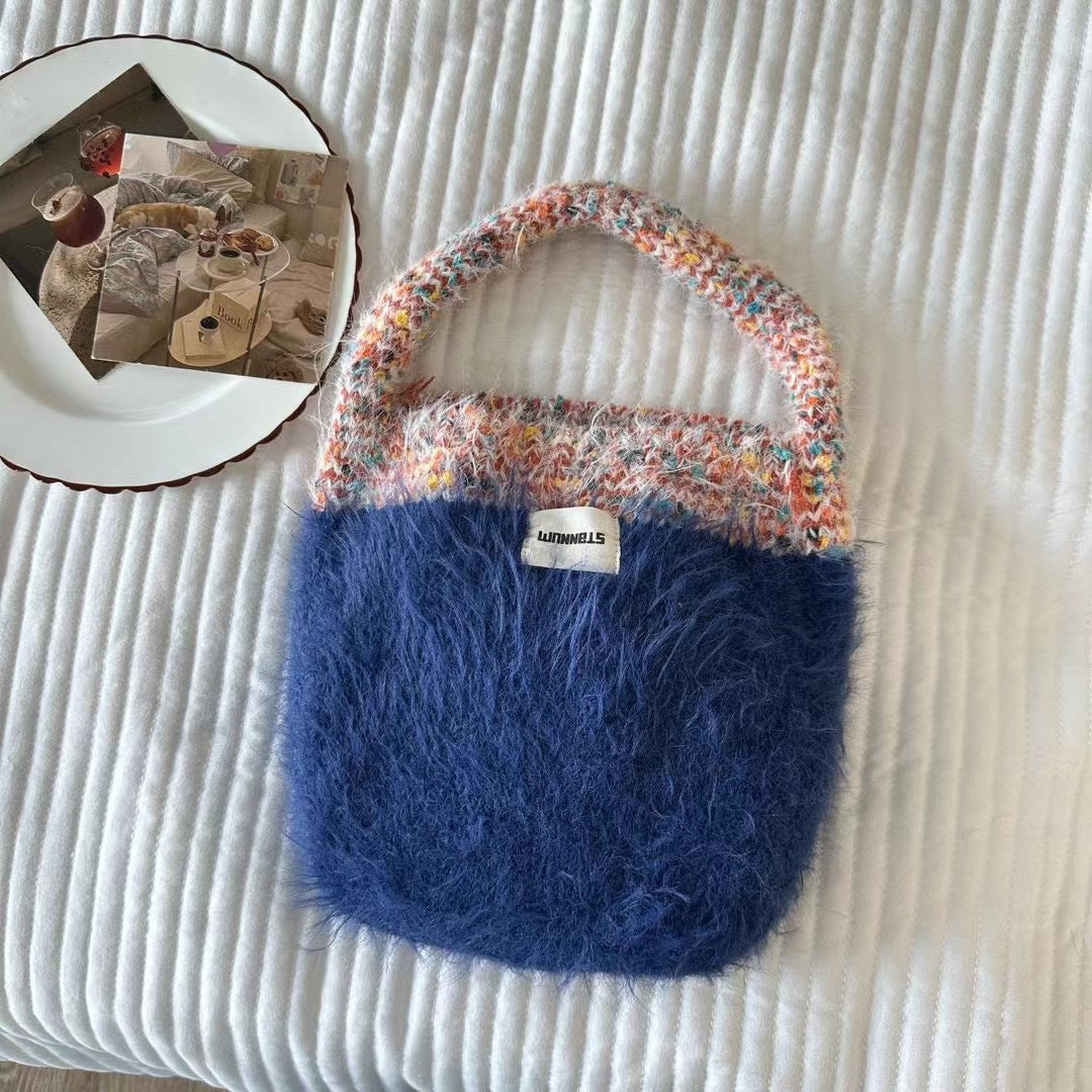 Women's Contrast Color Knitted Plush Fashion Winter Handbags