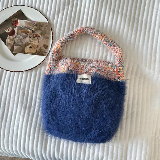 Women's Contrast Color Knitted Plush Fashion Winter Handbags