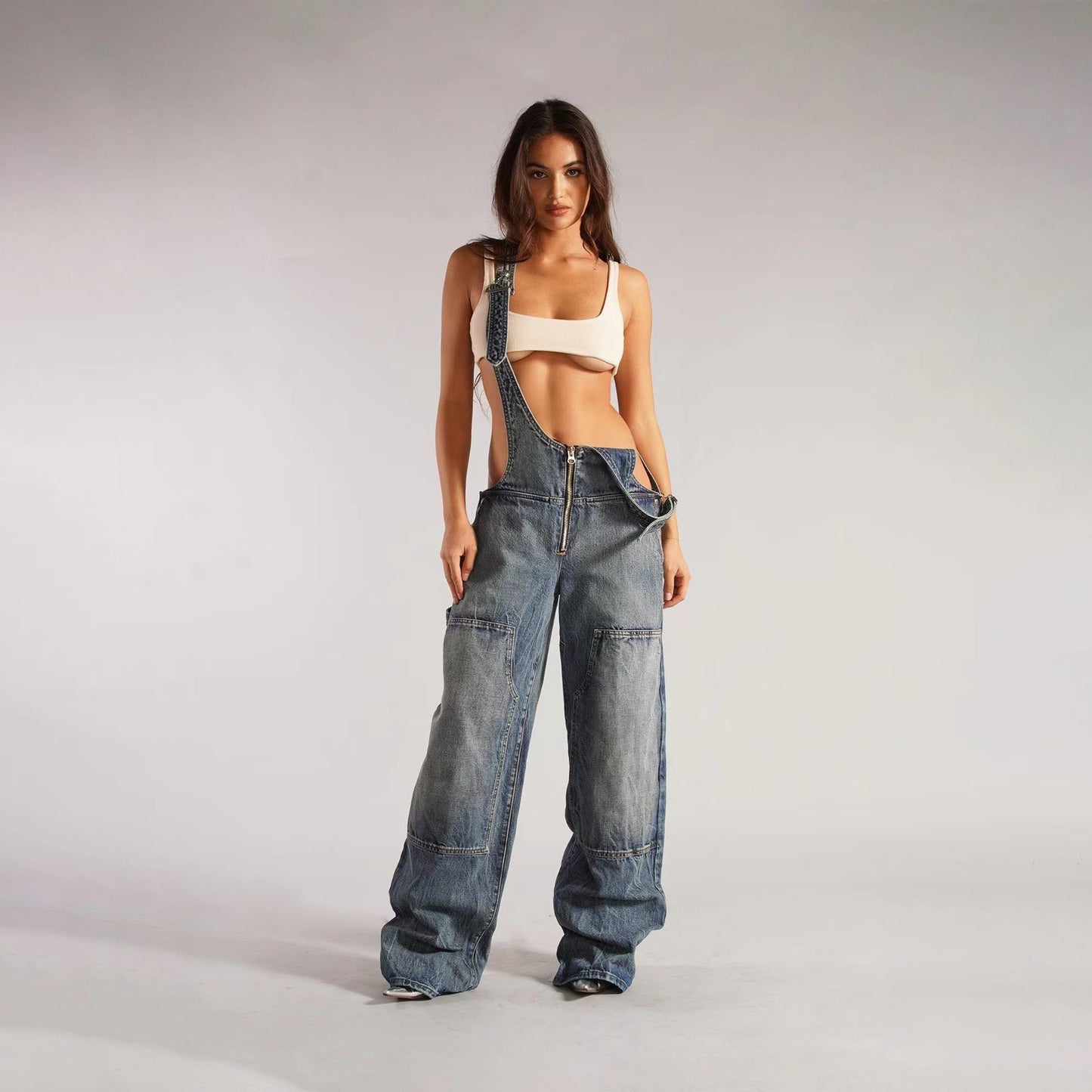 Women's Denim Suspender Autumn Loose Casual Pocket Wide Jeans