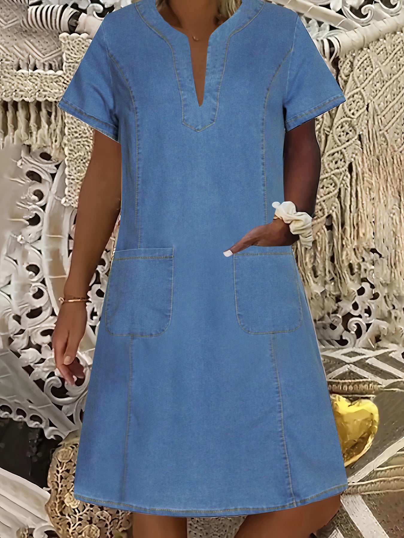Women's Denim Dress With Collar Pleated Pockets Dresses