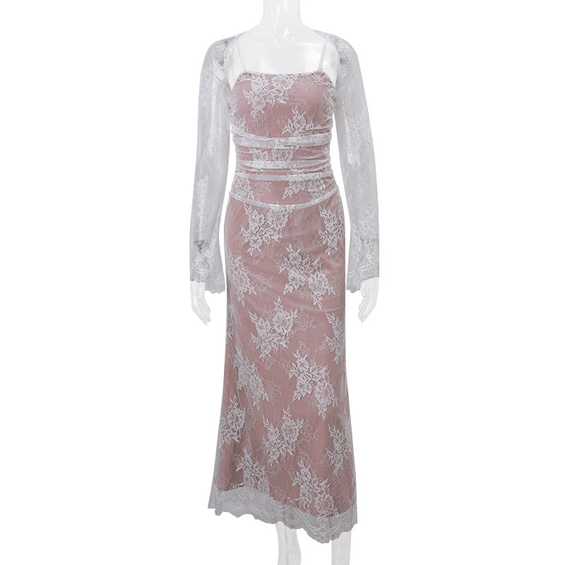 Women's Sexy Lace Mesh Long-sleeved Waistcoat Strap Dresses