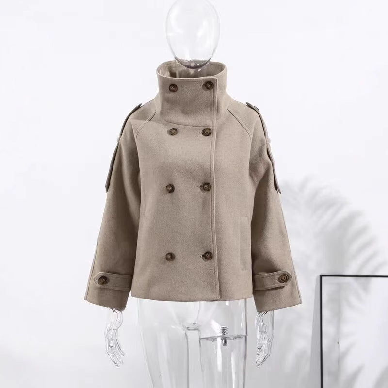 Women's Quality Woolen Stand Collar Double Breasted Temperament Coats