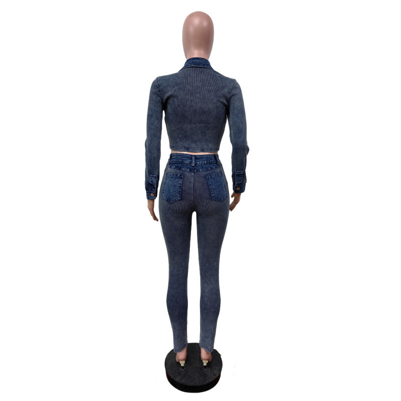 Denim Stitching Wash Sunken Stripe Stretch Suits