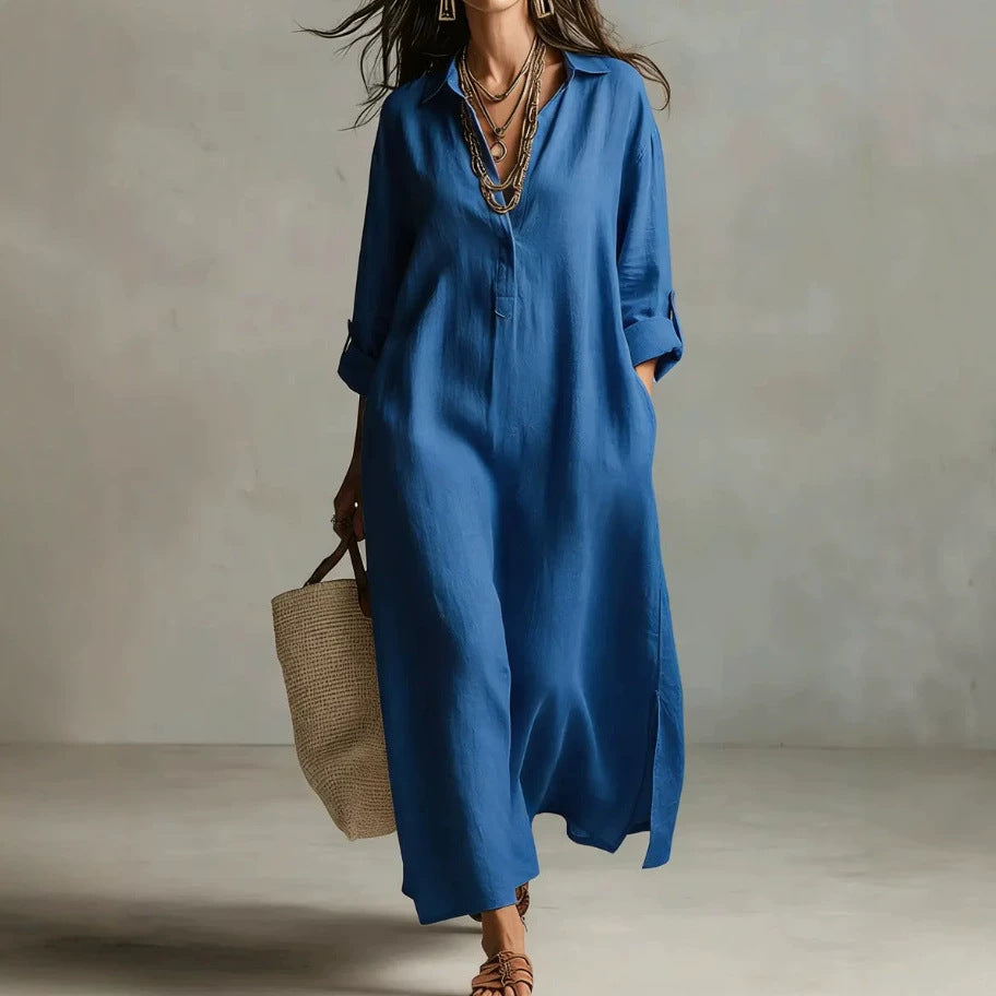 Cotton Linen Dress Solid Color Polo Collar Long Sleeve Fashion Casual Suit