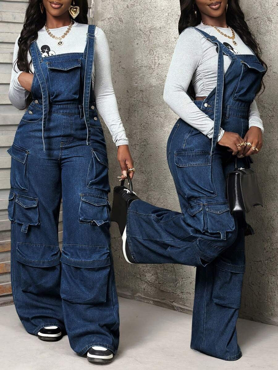 Attractive Wide Leg Denim Loose-fitting Overalls Jumpsuits