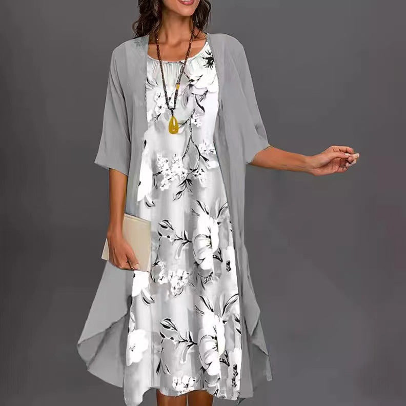 Women's Three-quarter Sleeve Printed Dress Chiffon Loose Waist Temperament Fashion Casual Suit