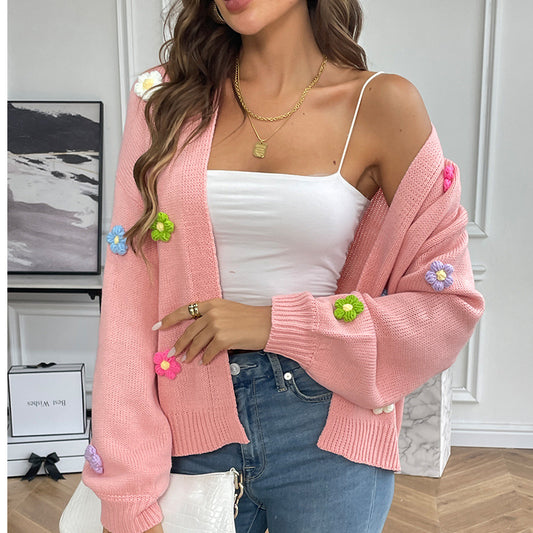 Women's Crocheting Flower Sweet Knitted Idle Style Sweaters