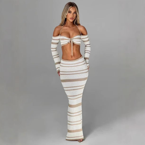 Women's Hot Summer Striped Long Sleeve Halter Two-piece Suits