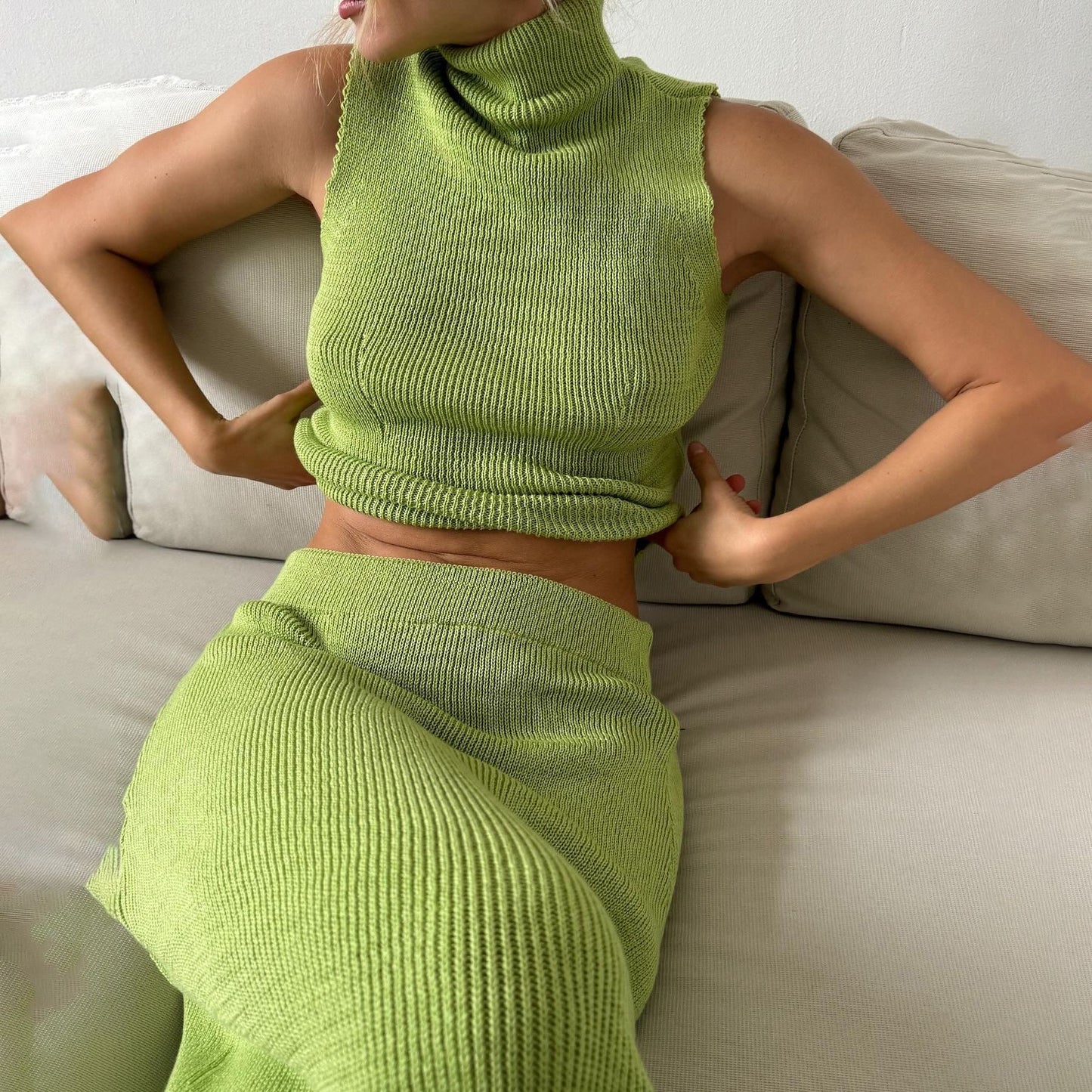 Women's French Style Sleeveless Turtleneck Cotton Wool Suits