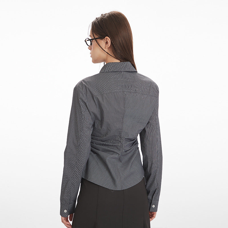 Women's American Slim Fit Slimming Waisted Long-sleeved Shirt Blouses