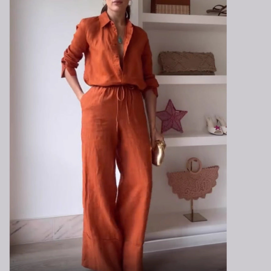 Women's Solid Color Shirt Pocket Trousers Casual Lace Suits