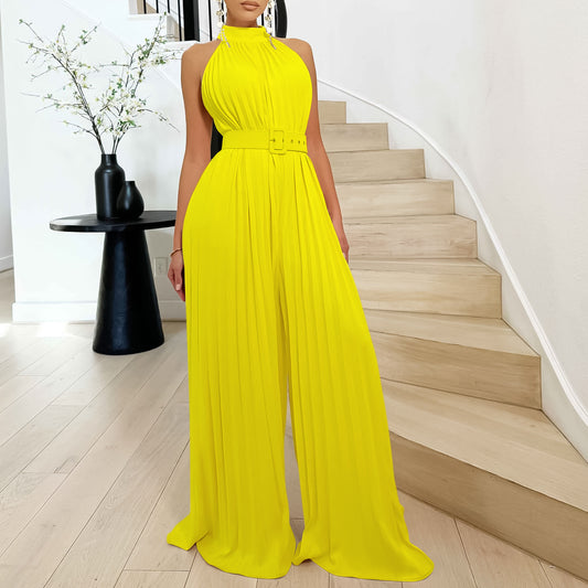 Fashion Sexy Solid Color Sleeveless Wide Jumpsuits