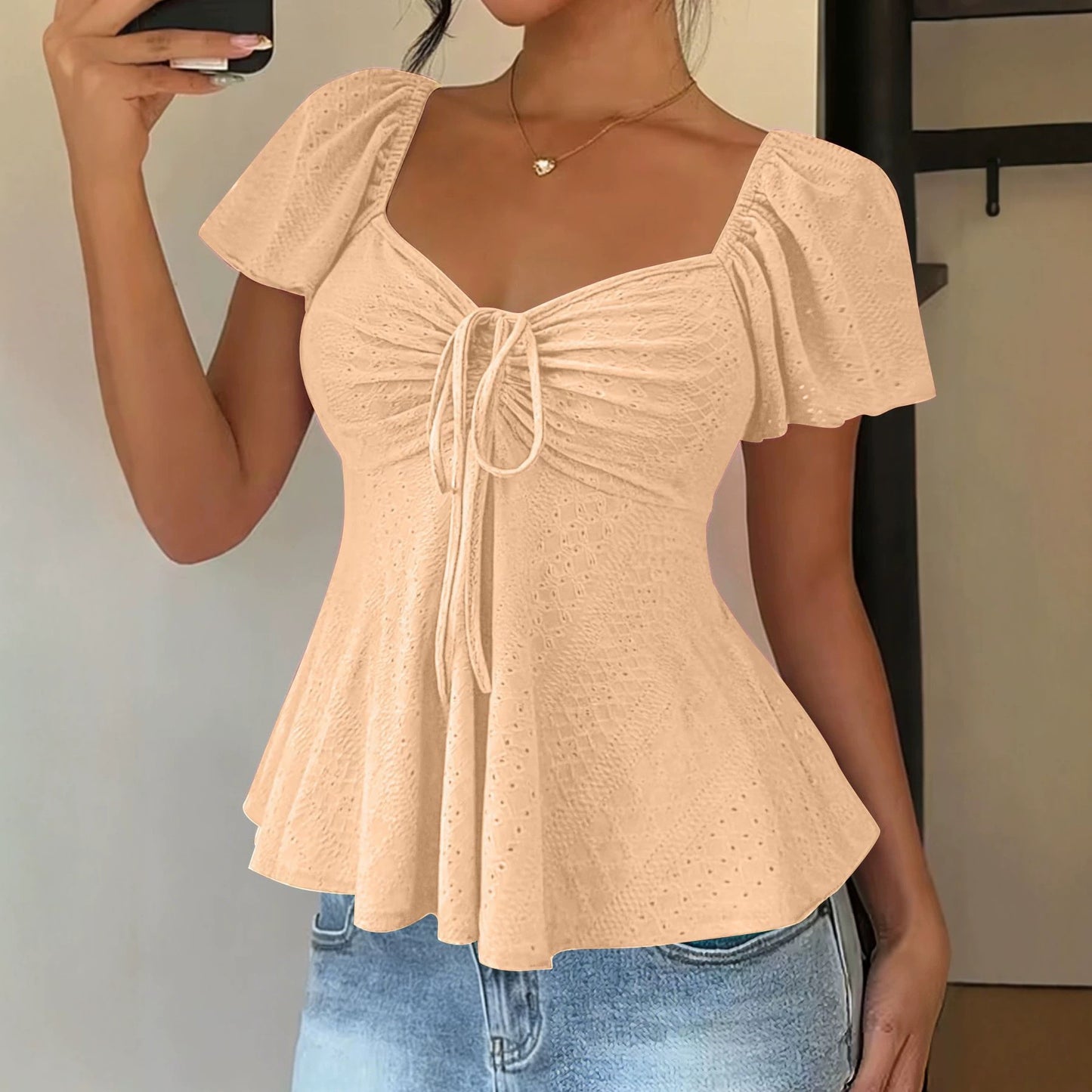 Women's Collar Beam Tie Sexy Sleeve Solid Shorts