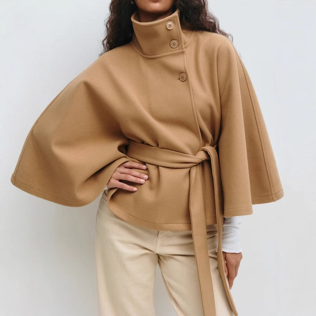 Women's Solid Color Cloak Stand Collar Button Coats