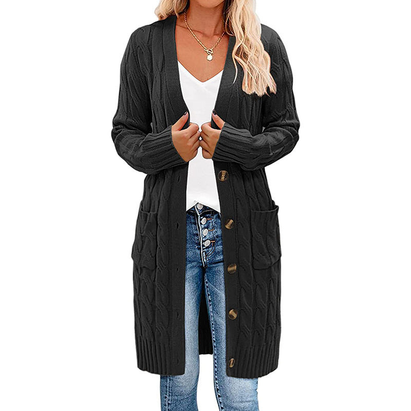 Single-breasted Twist Pocket Simple Knitting Long Sweaters
