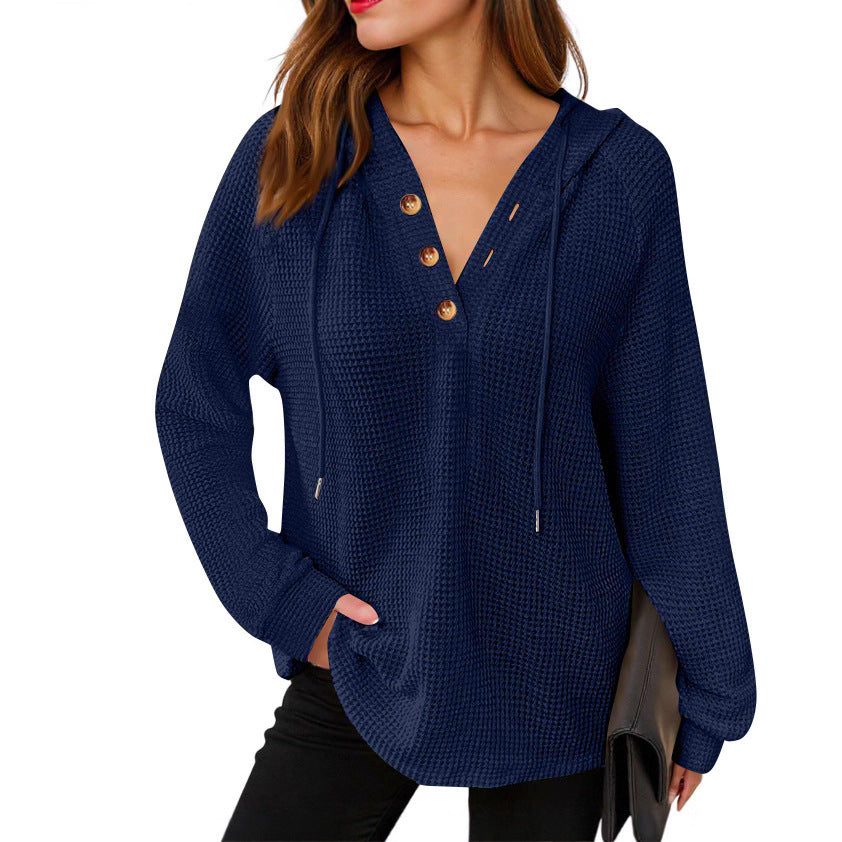 Women's Solid Color Waffle Hooded Button Loose Long Women's Sweater, Sweater