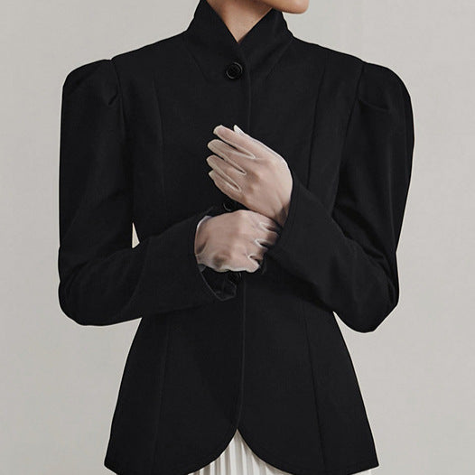 Women's Retro Black Stand Collar Small Commuter Blazers