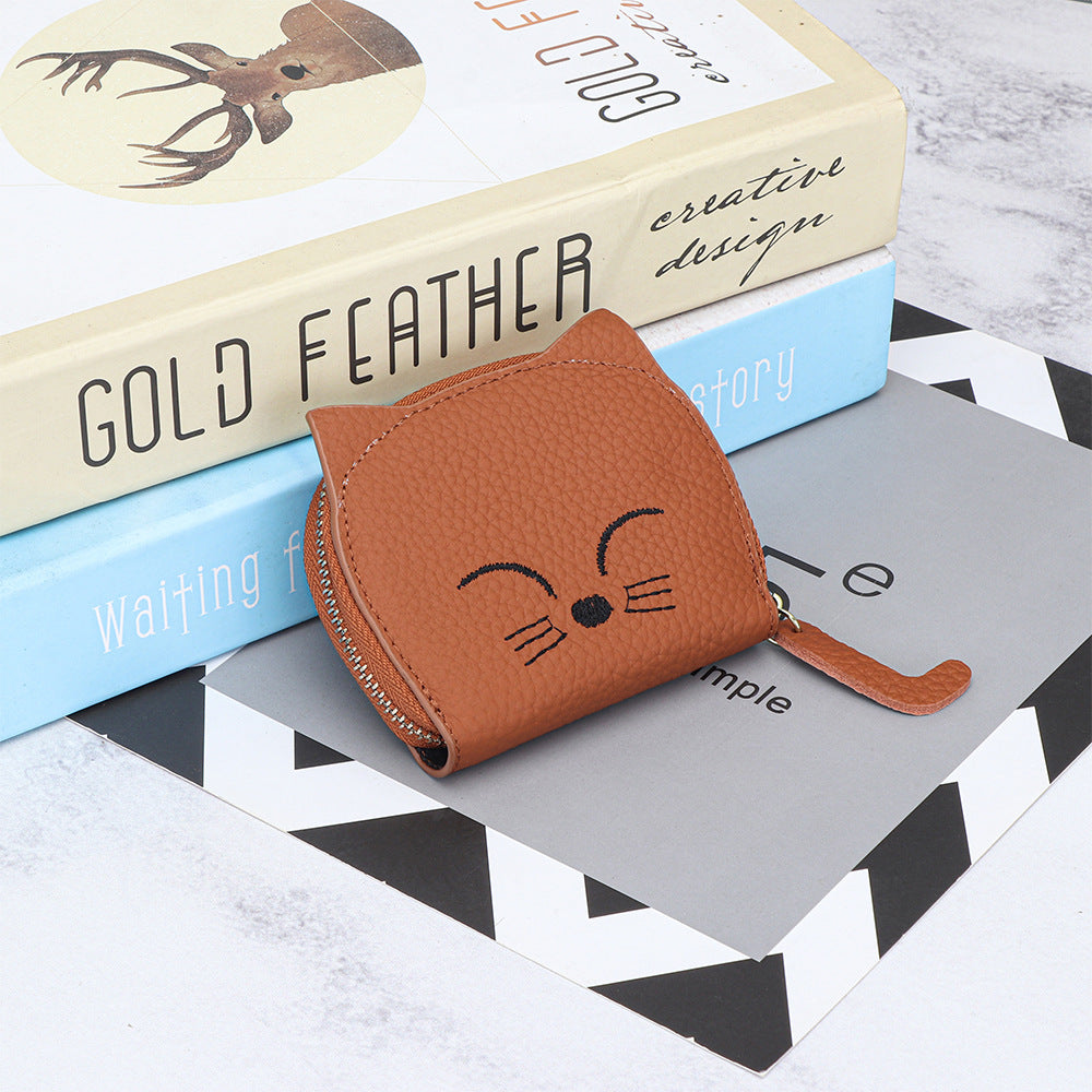 Women's Cartoon Cute Embroidery Cat Genuine Leather Bags