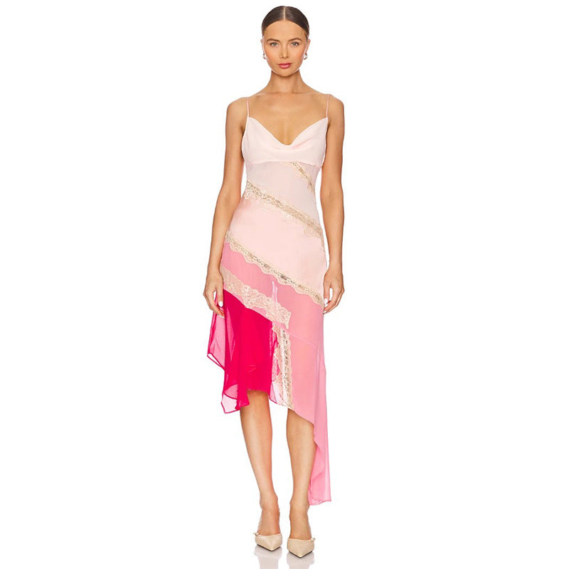 Stitching Pink Slim Fit Slimming Spaghetti Dresses