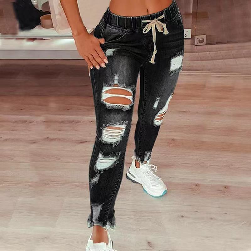 Women's High Waist Retro Preppy Style Ripped Elastic Drawstring Women's Jeans
