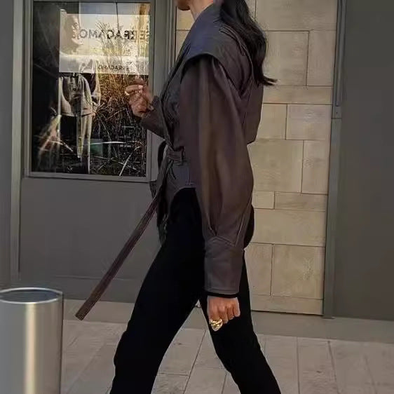 Temperament Lapel Tied Long Sleeve Leather Jackets