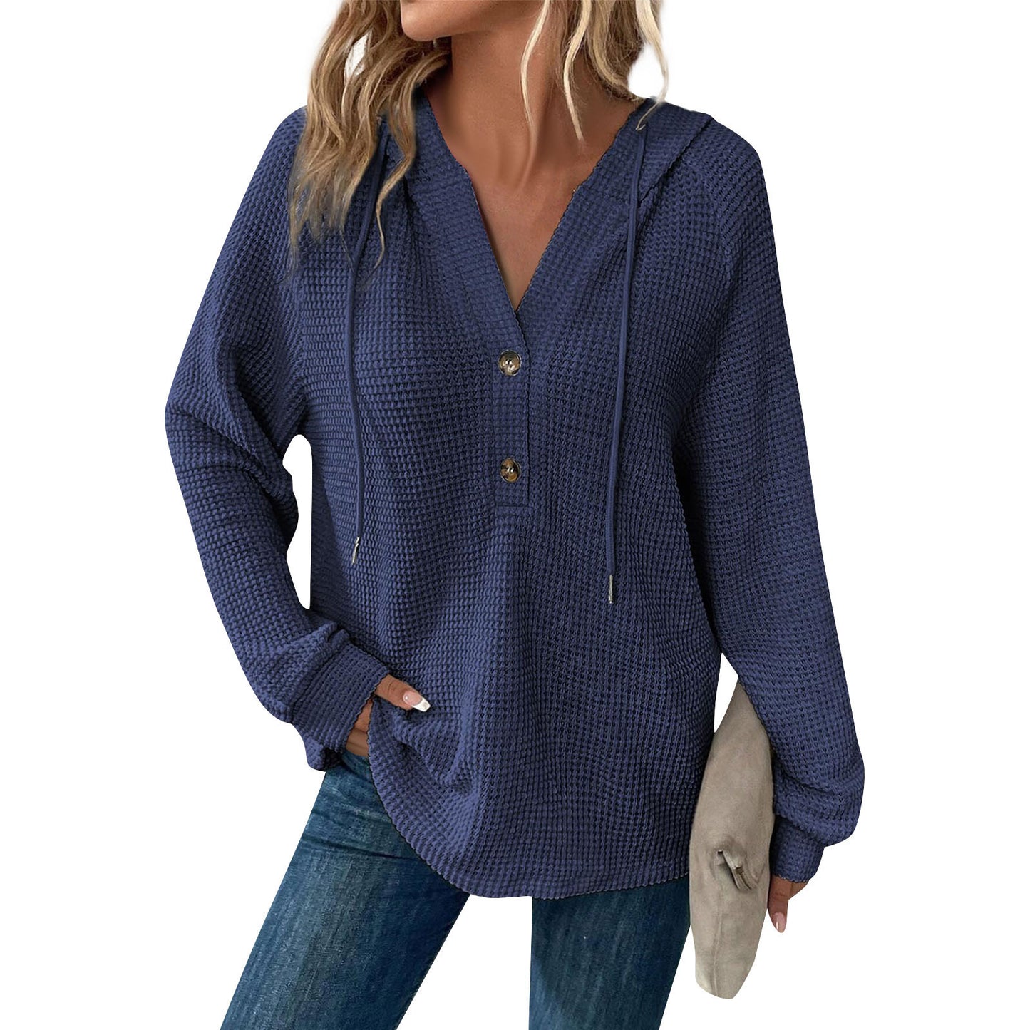 Women's Color Waffle Hooded Button Loose Long Women's Sweater, Sweater