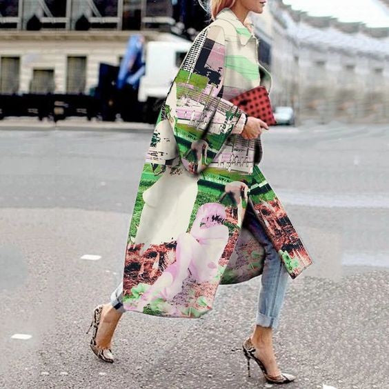 Women's Long Bell Sleeve Printed Loose Trench Coats