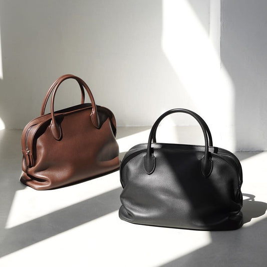 Women's Minimalist Style Bowling Inside Outside Leather Shell Handbags