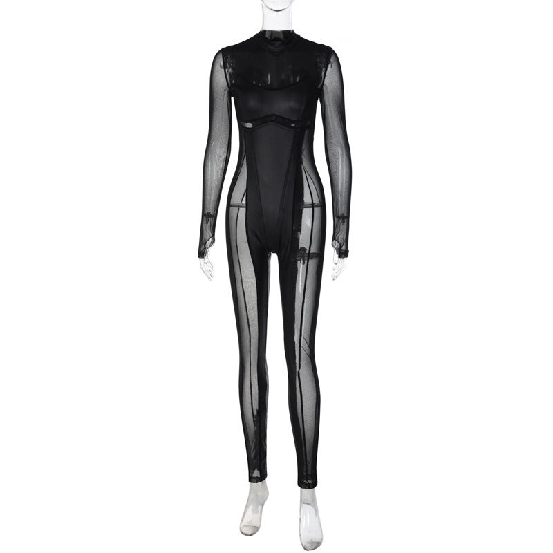 Women's Autumn Fashion Stitching Mesh Round Neck Jumpsuits