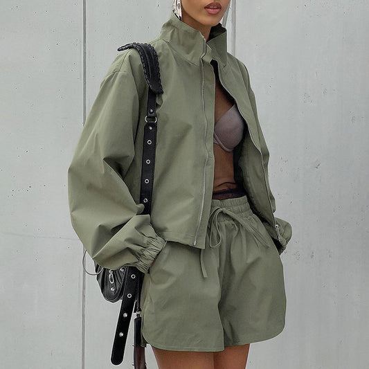 Green Windbreaker Autumn Versatile Loose Stand-up Collar Long-sleeved Suits