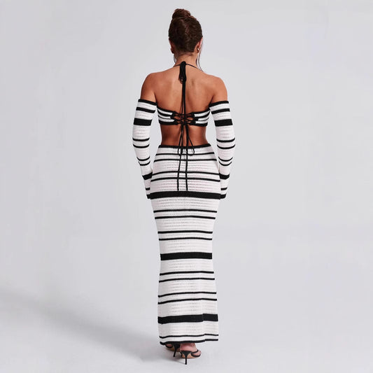 Women's Hot Summer Striped Long Sleeve Halter Two-piece Suits