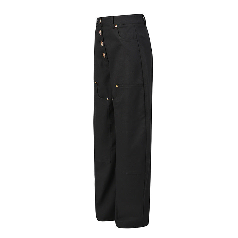 Women's Model Style Fashion Casual Button Rivet Design High Waist Pants