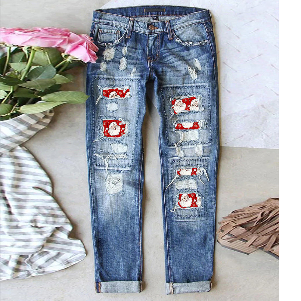Unique Women's Ripped Print Patch Trousers Jeans