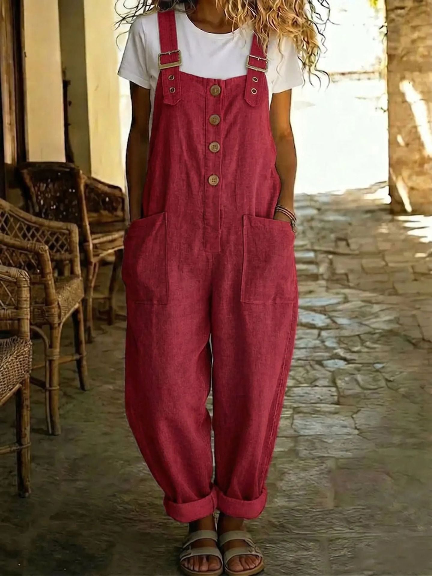 Women's Summer Linen Solid Color Retro Pocket Straight Women's Jumpsuit/clothing