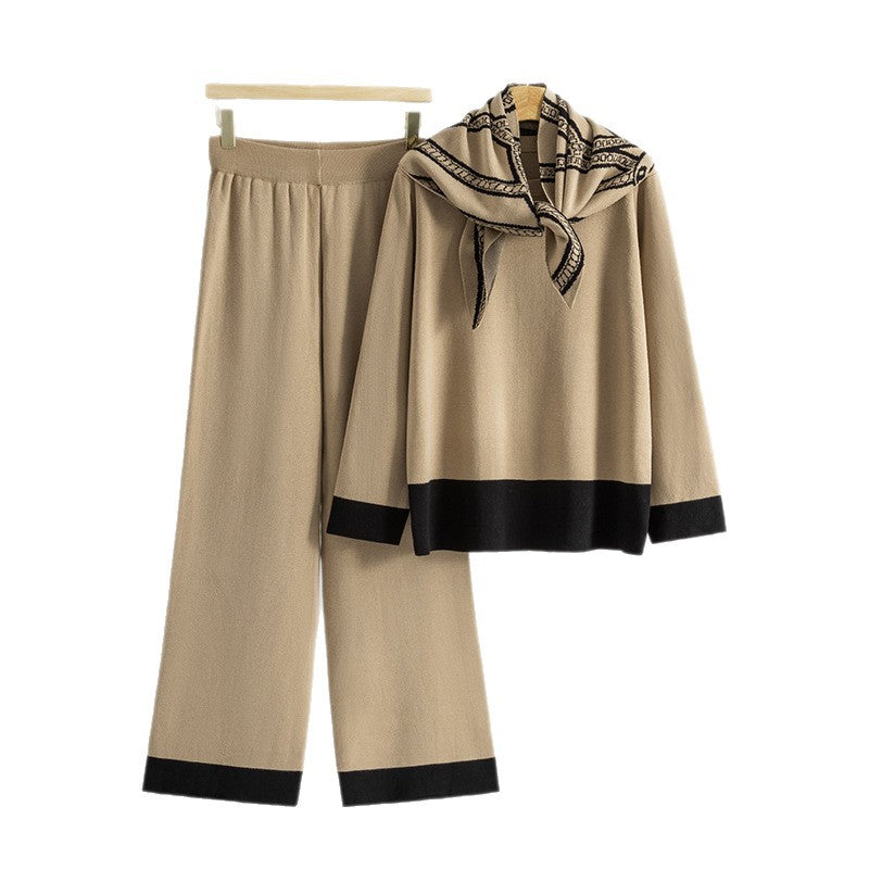 Women's Classic Style Knitting Loose Round Neck Wide Leg Scarf Three-piece Fashion Casual Suit