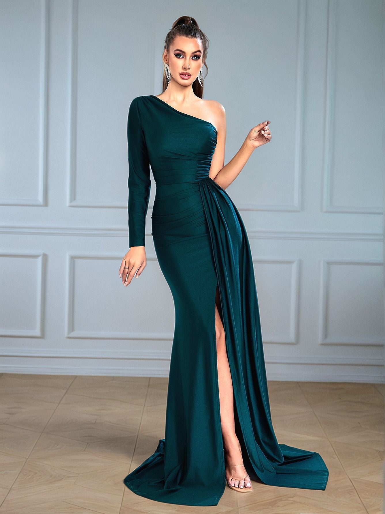 Diagonal Collar Slim Dress Sexy Slit Ribbon Dresses