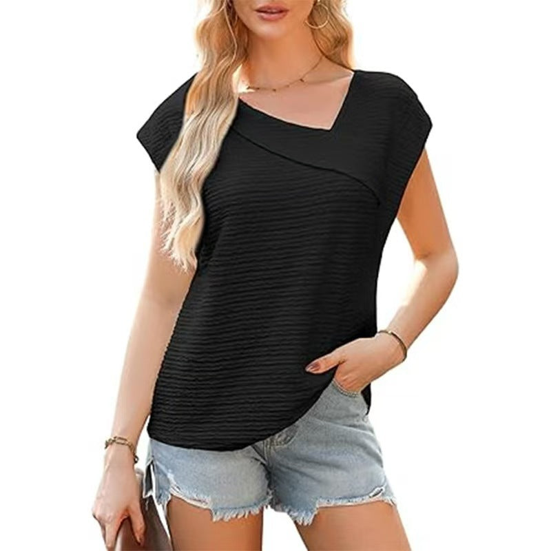 Women's Summer Diagonal Collar Fashion Casual Sleeve Women's T-shirt