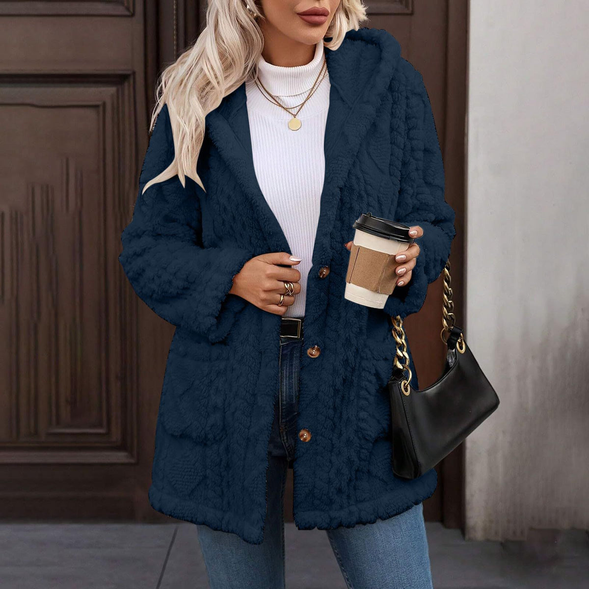 Hooded Solid Color Button Long Sleeve Women's Sweater, Sweater