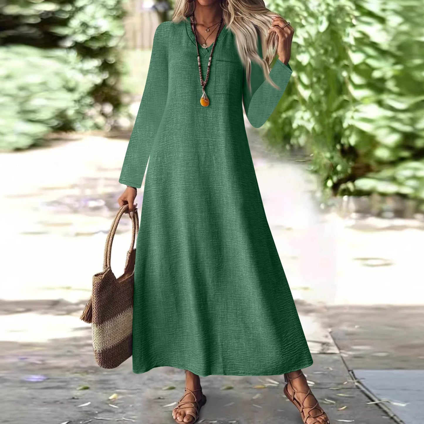 Summer Back Zipper Cotton Linen Solid Color Dress