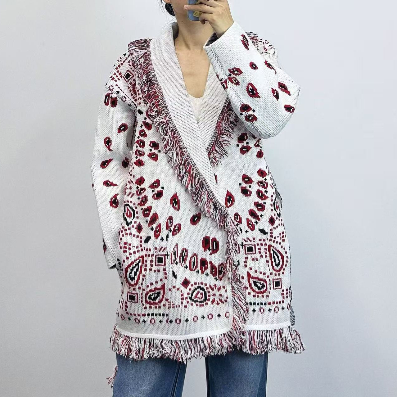 Bohemian Tassel Jacquard Mid-length Loose Lapels Sweaters