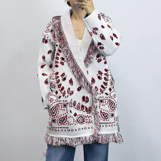 Bohemian Tassel Jacquard Mid-length Loose Lapels Sweaters