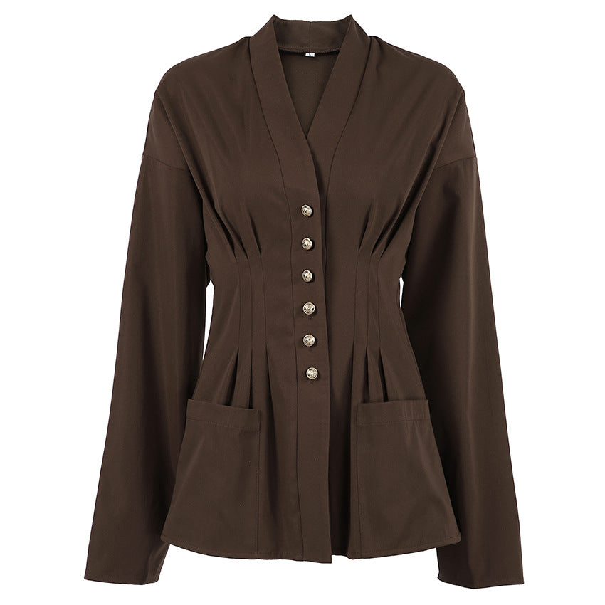 Women's Slim Waist Retro Pleated Slimming Early Blouses