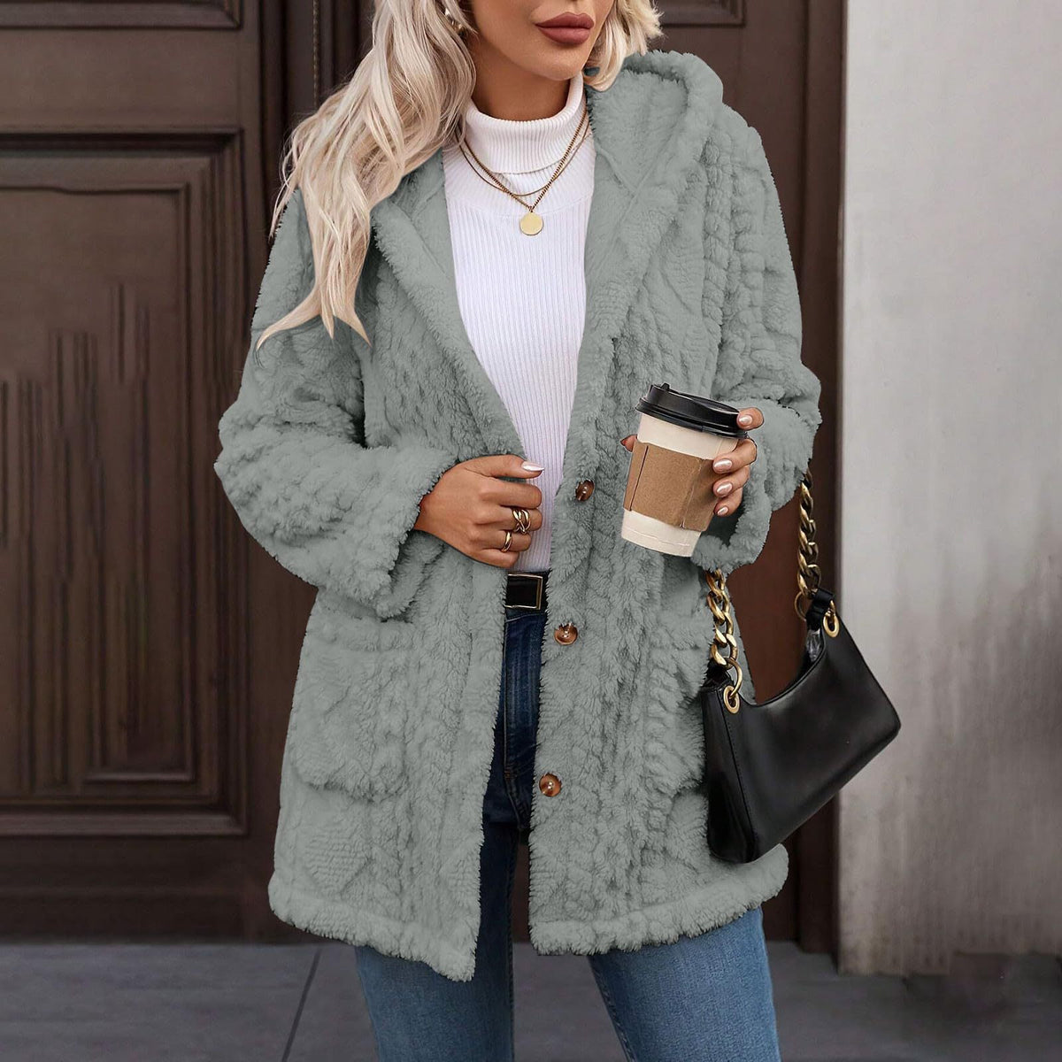 Hooded Solid Color Button Long Sleeve Women's Sweater, Sweater