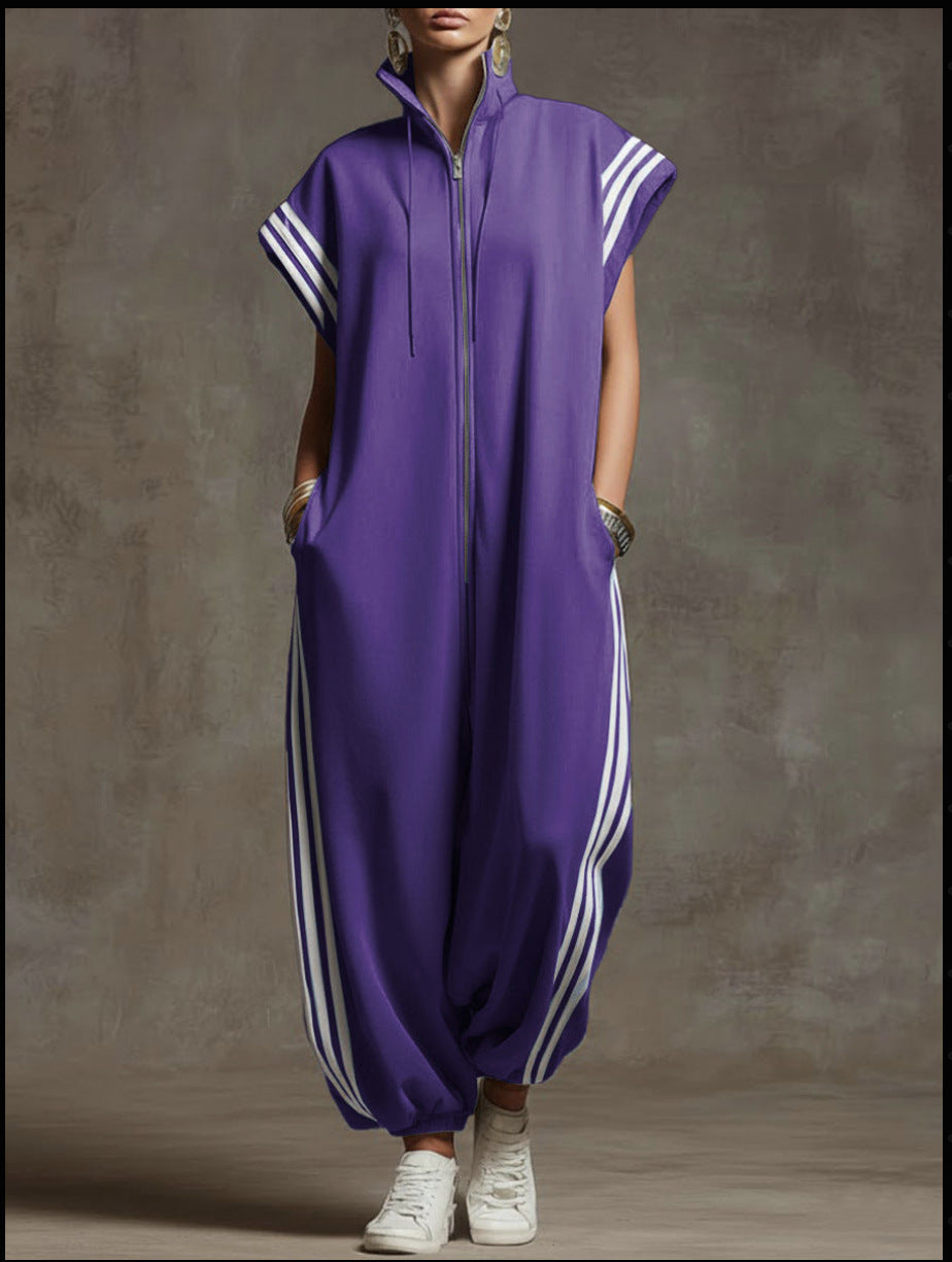Zipped Stand Collar Striped Contrast Color Fashion Quick Women's Jumpsuit/clothing