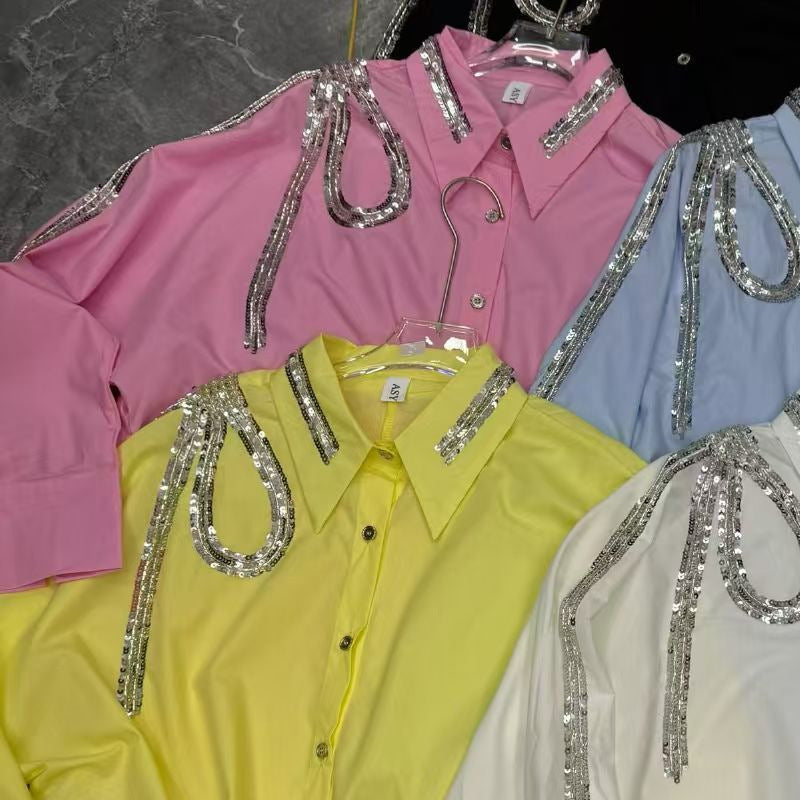 Sequin Embroider Elegant Shoulder Sequined Texture Blouses